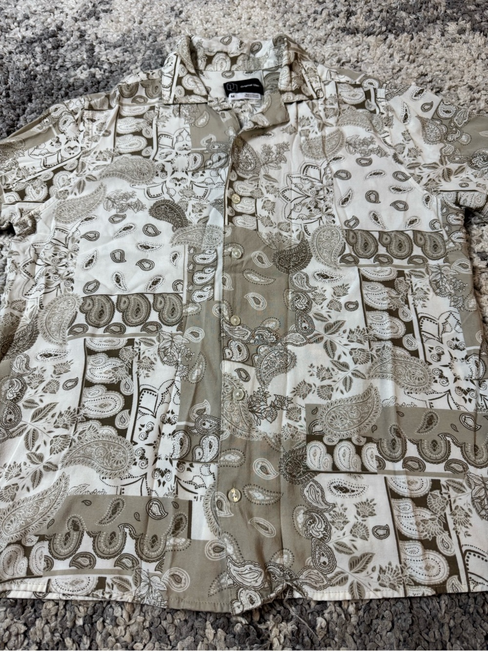 Original Use, Men’s Beige & Cream Paisley Patchwork Short-Sleeve Button Shirt - Picture 2 of 6